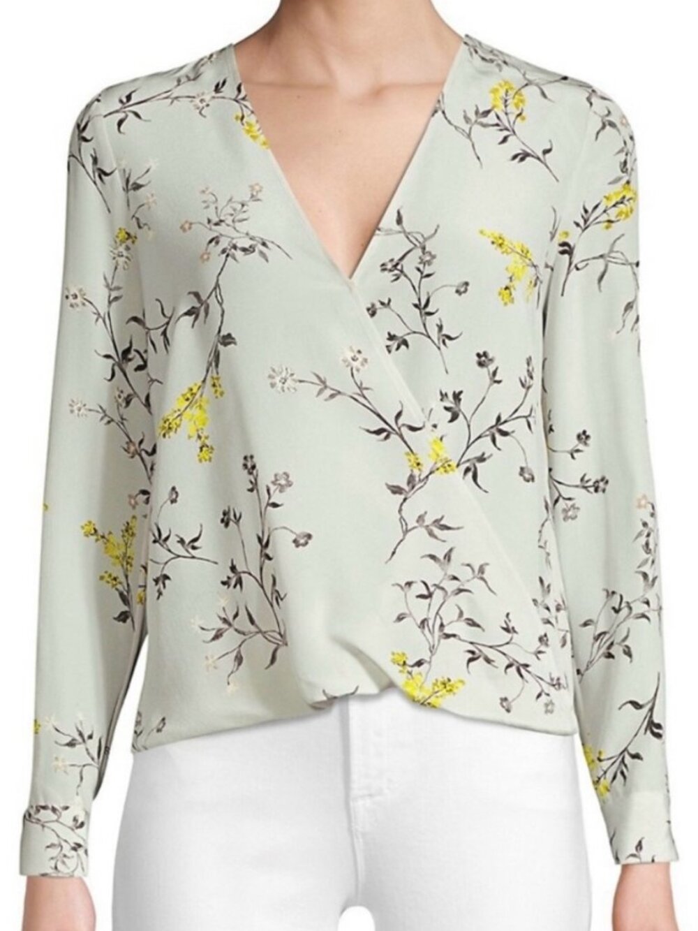 L’Agence Kyla Silk Draped Silk Floral Long Sleeve Blouse Gray Size XS